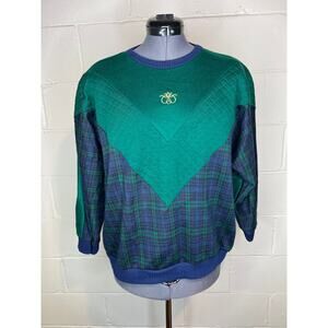 sweatshirt plaid chevron quilted green navy shoulder pads 1980s